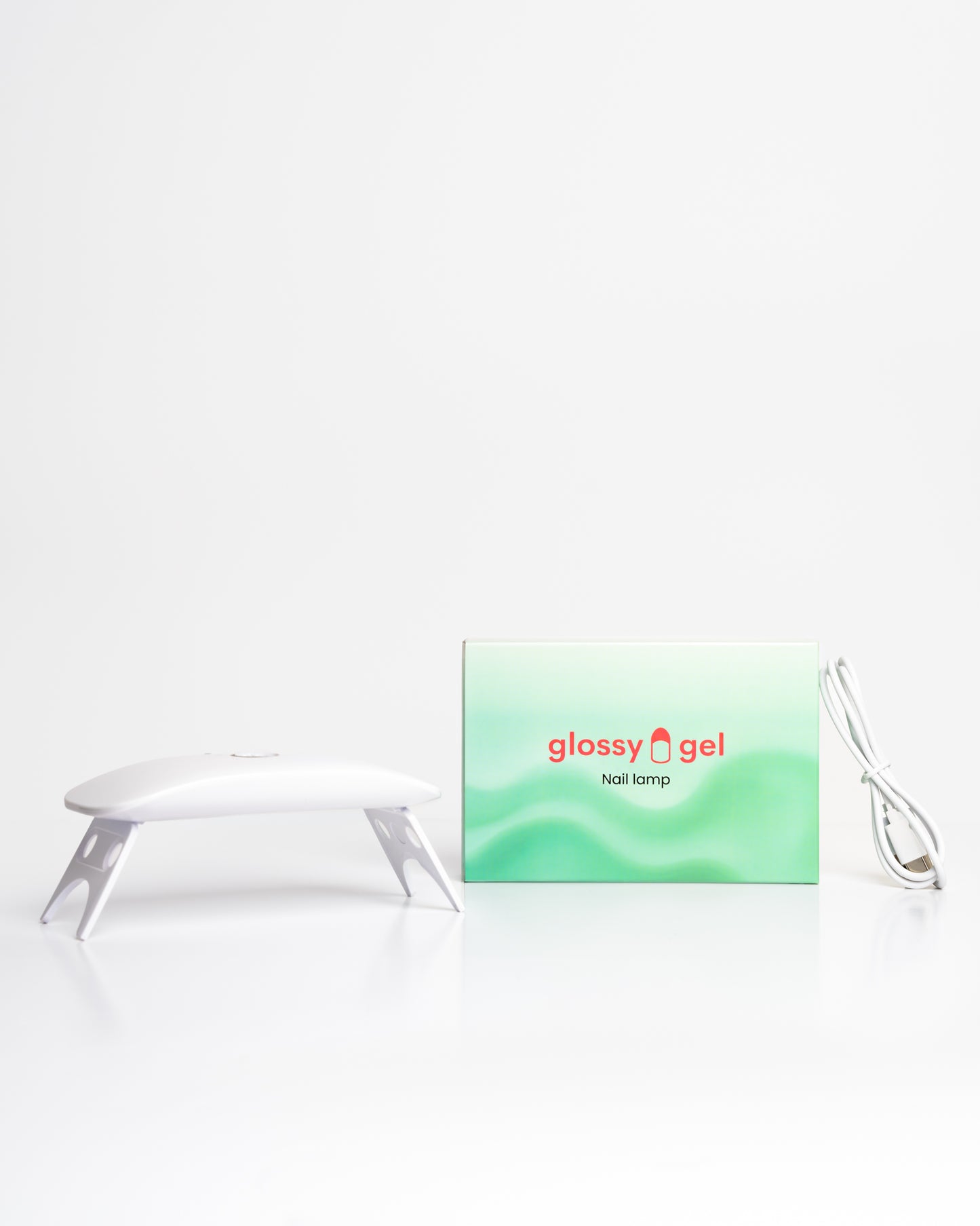 Glossy Gel Starter Kit PLUS - Naglalampi, Glossy Gel Límmiðar, Top Coat, Olíupenni, Naglaþjöl, Buffer og Gler Naglabandaýtir