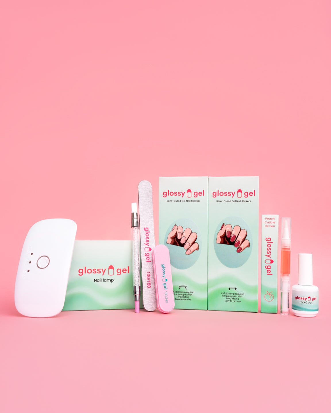 Glossy Gel Starter Kit PLUS - Naglalampi, Glossy Gel Límmiðar, Top Coat, Olíupenni, Naglaþjöl, Buffer og Scrub & Press