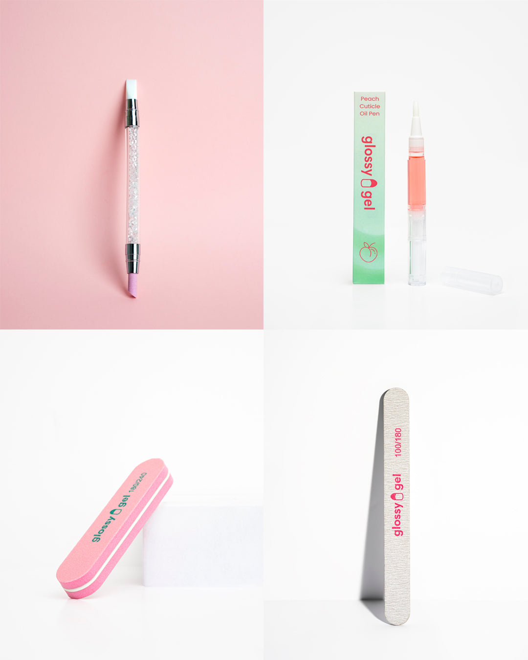 Glossy Gel Aukahlutapakki Naglaþjöl, Buffer, Scrub&Press og Olíupenni