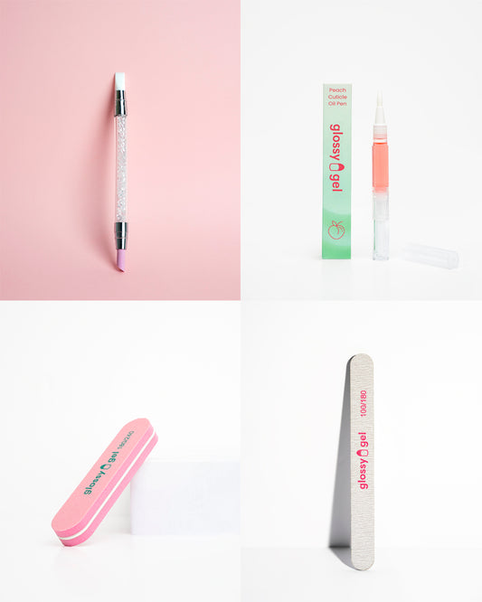 Glossy Gel Aukahlutapakki Naglaþjöl, Buffer, Scrub&Press og Olíupenni